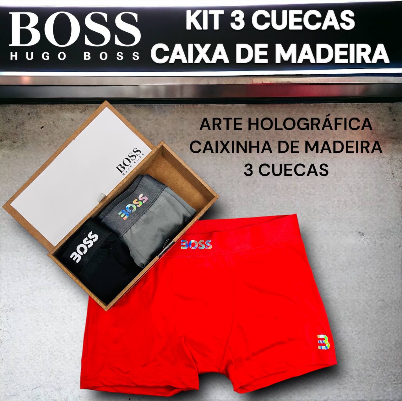KIT COM 3 CUECAS NA CAIXA DE MADEIRA BOSS