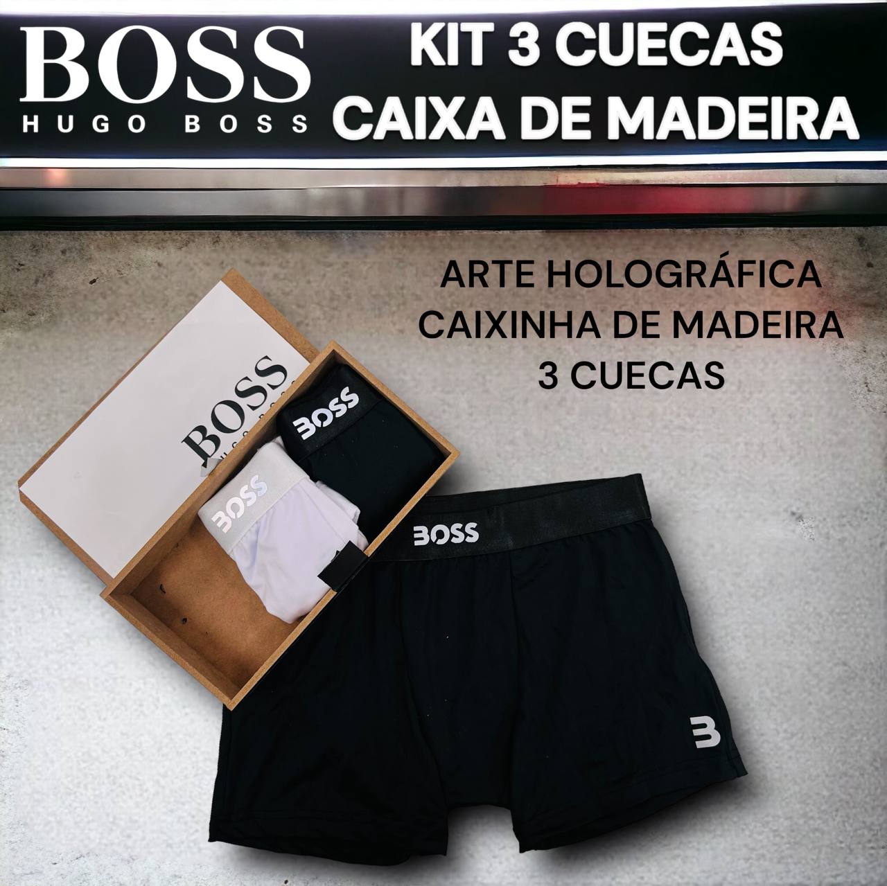 KIT COM 3 CUECAS NA CAIXA DE MADEIRA BOSS