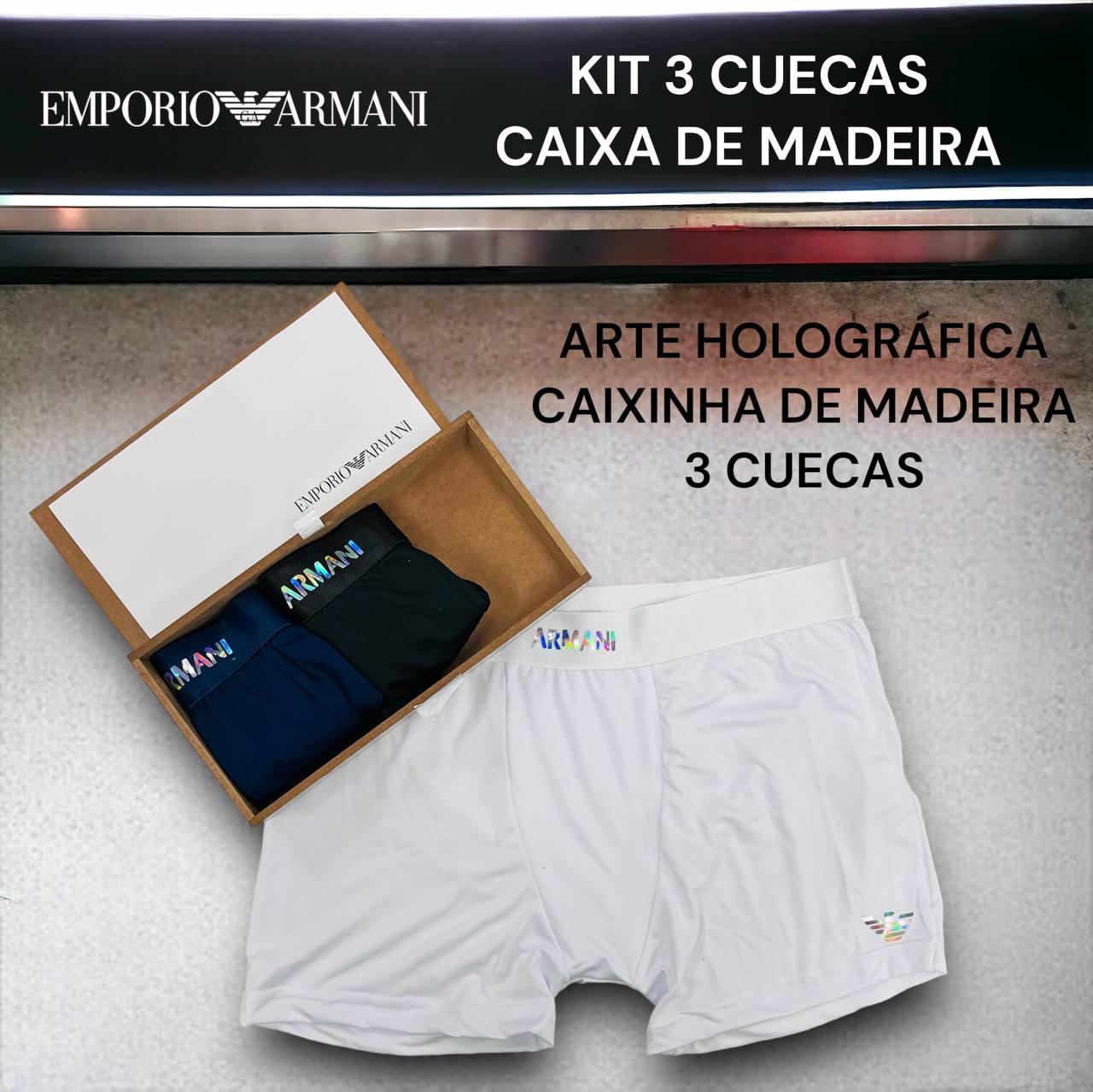 KIT COM 3 CUECAS NA CAIXA DE MADEIRA ARMANI