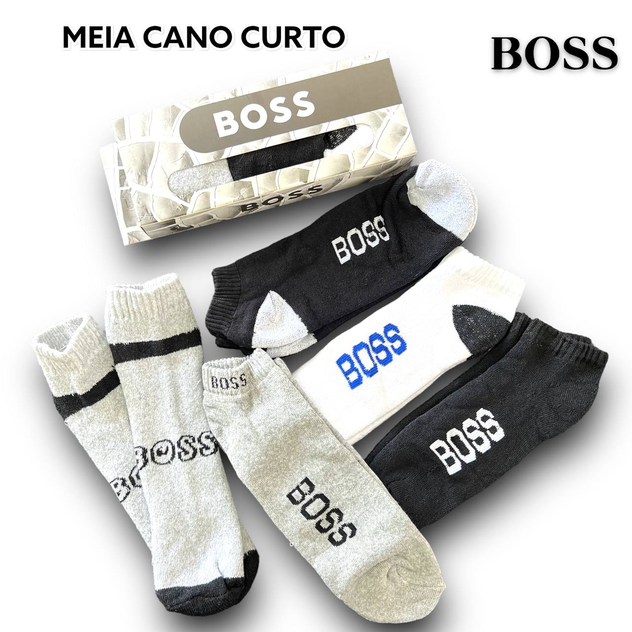 KIT COM 3 PARES DE MEIA NA CAIXINHA HUGO BOSS - CANO CURTO