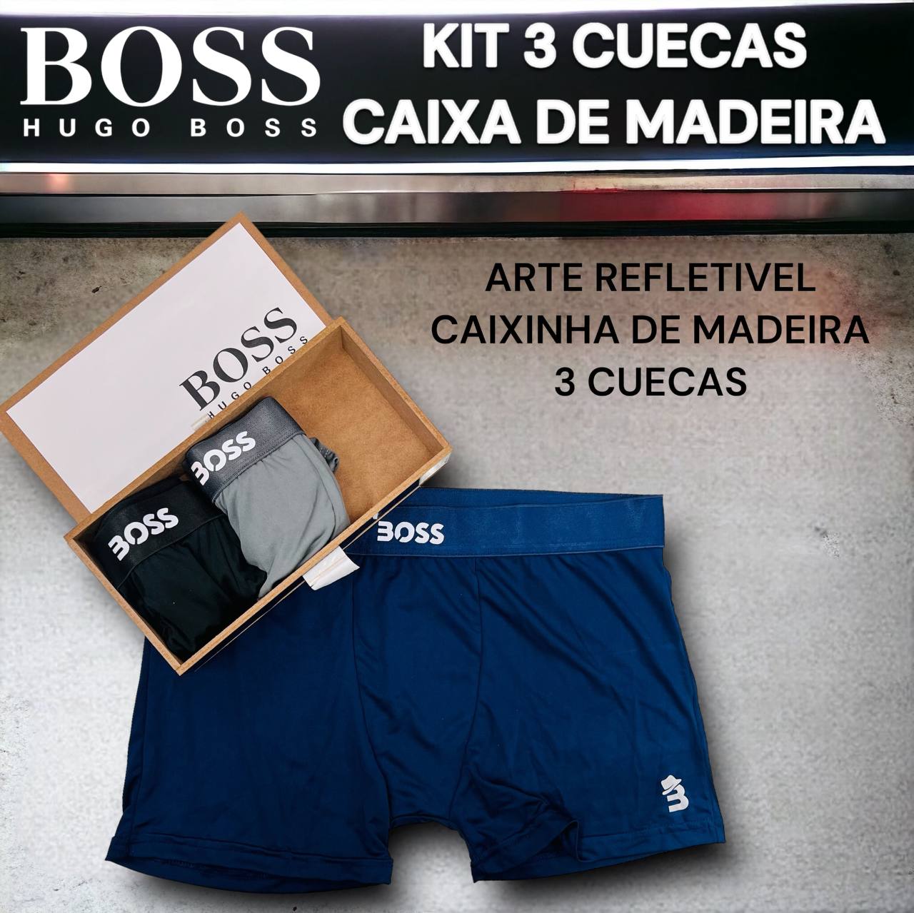 KIT COM 3 CUECAS NA CAIXA DE MADEIRA BOSS